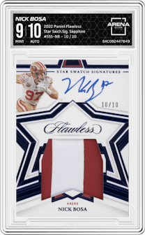 Nick Bosa from the 2022 Panini Flawless set featuring a Sapphire parallel graded by Arena Club and given an overall grade of 9.