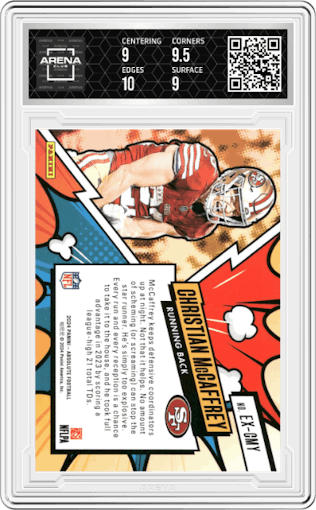 Christian McCaffrey from the 2024 Panini Absolute set graded by Arena Club and given an overall grade of 9.5.