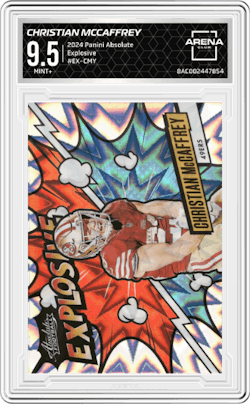 Christian McCaffrey from the 2024 Panini Absolute set and given an overall grade of 9.5.