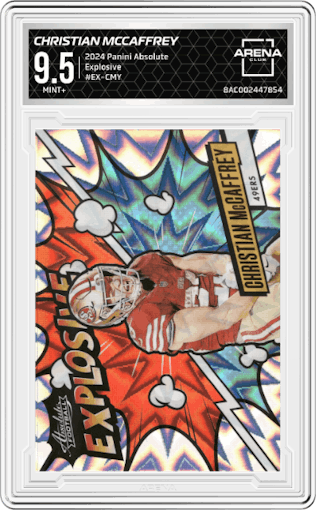 Christian McCaffrey from the 2024 Panini Absolute set graded by Arena Club and given an overall grade of 9.5.
