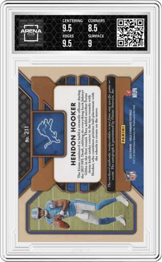 Hendon Hooker from the 2023 Panini Gold Standard set featuring a Sapphire parallel graded by Arena Club and given an overall grade of 9.