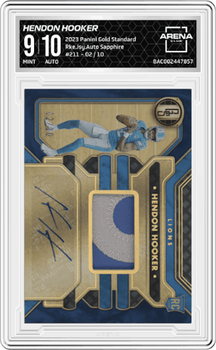 Hendon Hooker from the 2023 Panini Gold Standard set featuring a Sapphire parallel graded by Arena Club and given an overall grade of 9.