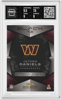 Jayden Daniels from the 2024 Panini Black set featuring a Citrine parallel graded by Arena Club and given an overall grade of 8.