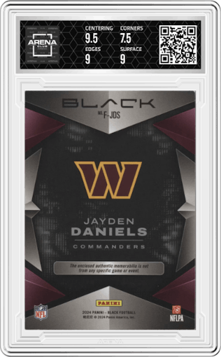 Jayden Daniels from the 2024 Panini Black set featuring a Citrine parallel graded by Arena Club and given an overall grade of 8.