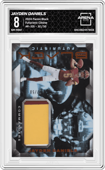 Jayden Daniels from the 2024 Panini Black set featuring a Citrine parallel graded by Arena Club and given an overall grade of 8.