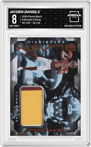 Jayden Daniels from the 2024 Panini Black set featuring a Citrine parallel graded by Arena Club and given an overall grade of 8.