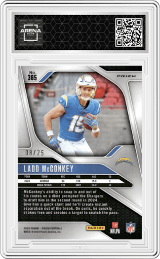 Ladd McConkey from the 2024 Panini Prizm set featuring a Navy Camo parallel graded by Arena Club.