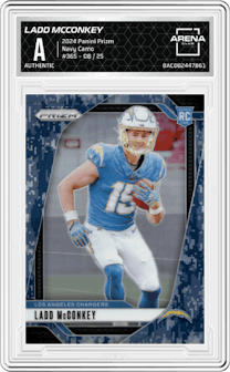 Ladd McConkey from the 2024 Panini Prizm set featuring a Navy Camo parallel graded by Arena Club.