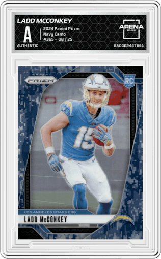 Ladd McConkey from the 2024 Panini Prizm set featuring a Navy Camo parallel graded by Arena Club.