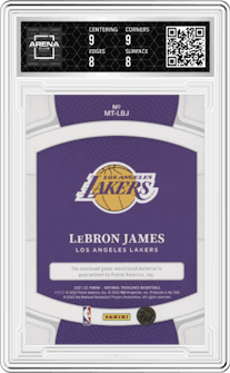 LeBron James from the 2021-22 Panini National Treasures set graded by Arena Club and given an overall grade of 8.5.