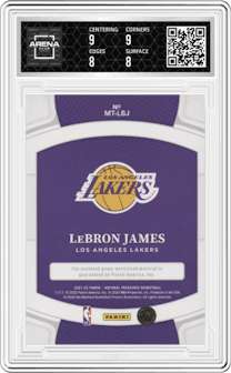 LeBron James from the 2021-22 Panini National Treasures set and given an overall grade of 8.5.