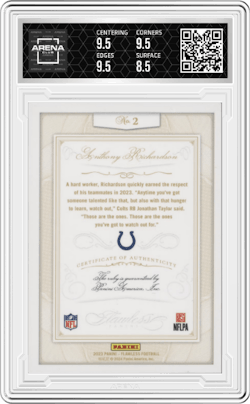 Anthony Richardson from the 2023 Panini Flawless set and given an overall grade of 9.