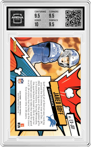 Jared Goff from the 2024 Panini Absolute set graded by Arena Club and given an overall grade of 10.