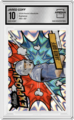 Jared Goff from the 2024 Panini Absolute set graded by Arena Club and given an overall grade of 10.