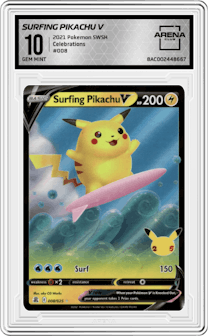 Surfing Pikachu V from the 2021 Pokemon SWSH set graded by Arena Club and given an overall grade of 10.