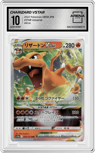 Charizard VSTAR from the 2022 Pokemon SWSH JPN set graded by Arena Club and given an overall grade of 10.