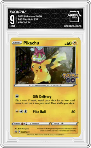 Pikachu from the 2022 Pokemon SWSH set featuring a Pokémon GO Tins parallel graded by Arena Club and given an overall grade of 9.