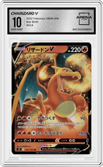 Charizard V from the 2022 Pokemon SWSH JPN set graded by Arena Club and given an overall grade of 10.