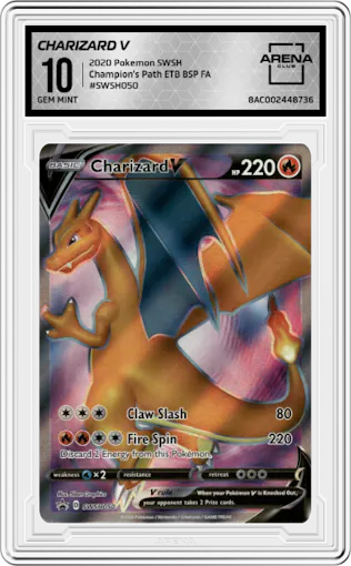 Charizard V from the 2020 Pokemon SWSH set featuring a Champion's Path ETB parallel graded by Arena Club and given an overall grade of 10.