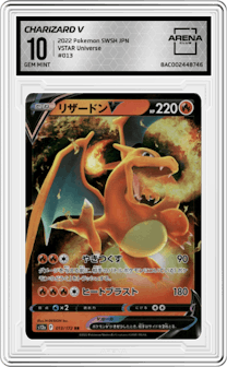Charizard V from the 2022 Pokemon SWSH JPN set graded by Arena Club and given an overall grade of 10.