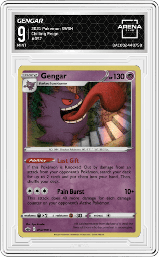 Gengar from the 2021 Pokemon SWSH set graded by Arena Club and given an overall grade of 9.