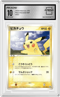 Pikachu from the 2004 Pokemon JPN set featuring a Meiji Chocolate parallel graded by Arena Club and given an overall grade of 10.
