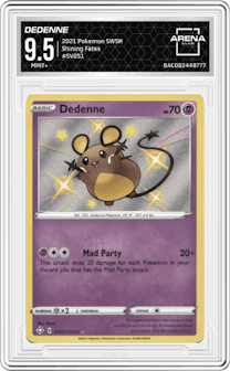 Dedenne from the 2021 Pokemon SWSH set graded by Arena Club and given an overall grade of 9.5.