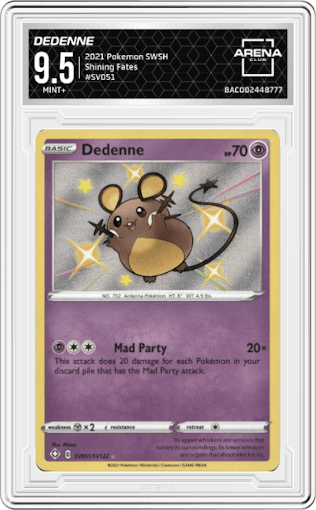 Dedenne from the 2021 Pokemon SWSH set graded by Arena Club and given an overall grade of 9.5.