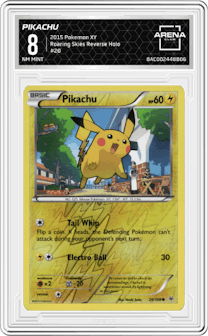 Pikachu from the 2015 Pokemon XY set graded by Arena Club and given an overall grade of 8.