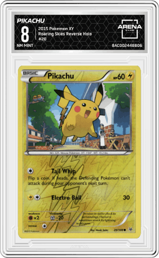 Pikachu from the 2015 Pokemon XY set graded by Arena Club and given an overall grade of 8.