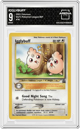 Igglybuff from the 2001 Pokemon set featuring a Pokemon League parallel graded by Arena Club and given an overall grade of 9.