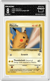 Pikachu from the 2001 Pokemon set featuring a Pokemon League parallel graded by Arena Club and given an overall grade of 8.
