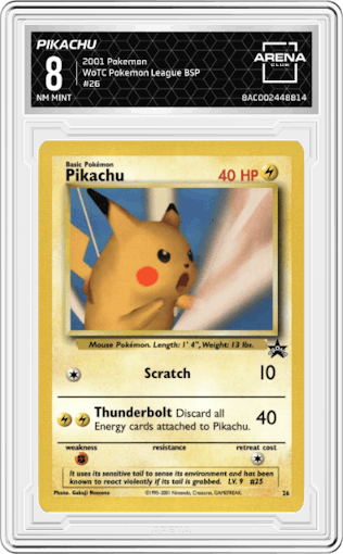 Pikachu from the 2001 Pokemon set featuring a Pokemon League parallel graded by Arena Club and given an overall grade of 8.