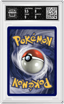 Pikachu from the 1999 Pokemon set featuring a Pokemon League parallel graded by Arena Club and given an overall grade of 8.5.