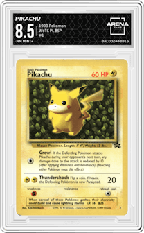 Pikachu from the 1999 Pokemon set featuring a Pokemon League parallel graded by Arena Club and given an overall grade of 8.5.
