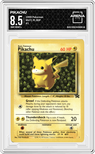 Pikachu from the 1999 Pokemon set featuring a Pokemon League parallel graded by Arena Club and given an overall grade of 8.5.