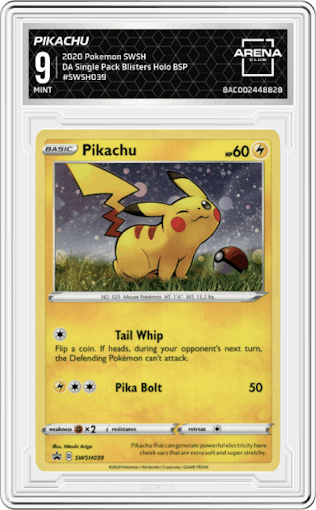 Pikachu from the 2020 Pokemon SWSH set featuring a Darkness Ablaze Single Pack Blisters parallel graded by Arena Club and given an overall grade of 9.