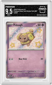 Fidough from the 2024 Pokemon SV set featuring a Paldean Fates Tech Sticker Collection parallel graded by Arena Club and given an overall grade of 9.5.