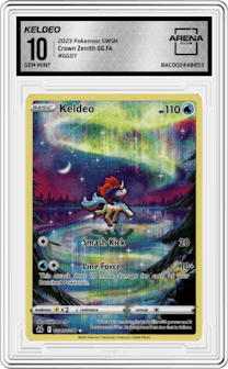 Keldeo from the 2023 Pokemon SWSH set graded by Arena Club and given an overall grade of 10.