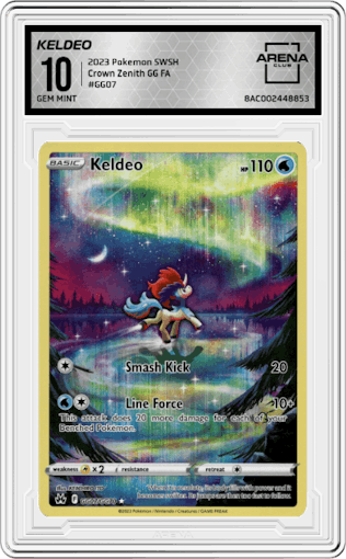 Keldeo from the 2023 Pokemon SWSH set graded by Arena Club and given an overall grade of 10.