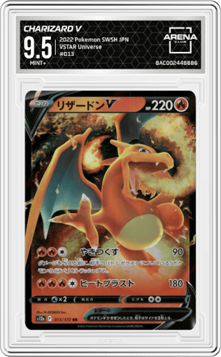 Charizard V from the 2022 Pokemon SWSH JPN set graded by Arena Club and given an overall grade of 9.5.