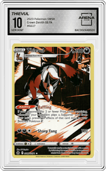 Thievul from the 2023 Pokemon SWSH set graded by Arena Club and given an overall grade of 10.