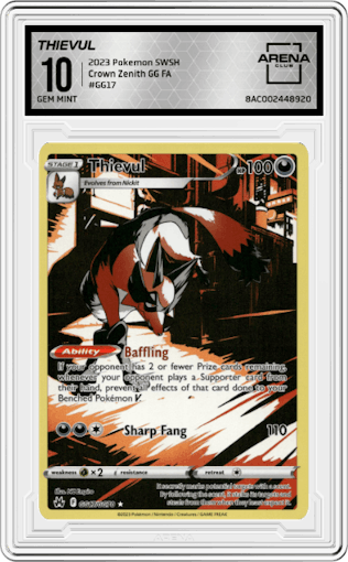 Thievul from the 2023 Pokemon SWSH set graded by Arena Club and given an overall grade of 10.