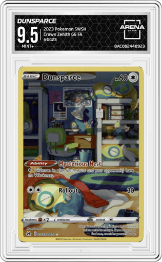 Dunsparce from the 2023 Pokemon SWSH set graded by Arena Club and given an overall grade of 9.5.