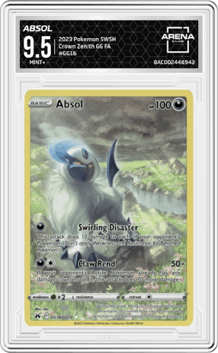 Absol from the 2023 Pokemon SWSH set graded by Arena Club and given an overall grade of 9.5.
