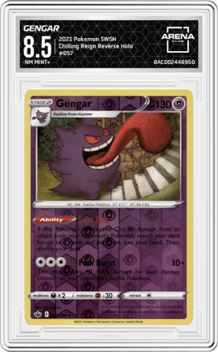 Gengar from the 2021 Pokemon SWSH set graded by Arena Club and given an overall grade of 8.5.