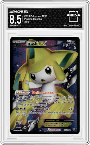 Jirachi EX from the 2013 Pokemon B&W set graded by Arena Club and given an overall grade of 8.5.