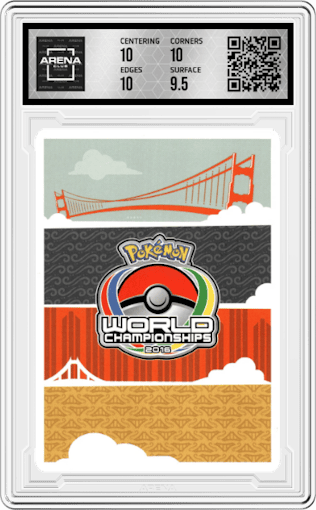 Shaymin EX from the 2016 Pokémon World Championships set featuring a Magical Symphony  parallel graded by Arena Club and given an overall grade of 10.