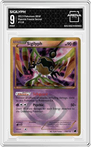 Sigilyph from the 2013 Pokemon B&W set graded by Arena Club and given an overall grade of 9.