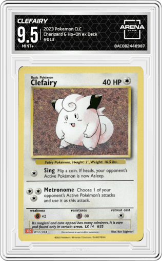 Clefairy from the 2023 Pokemon CLC set graded by Arena Club and given an overall grade of 9.5.